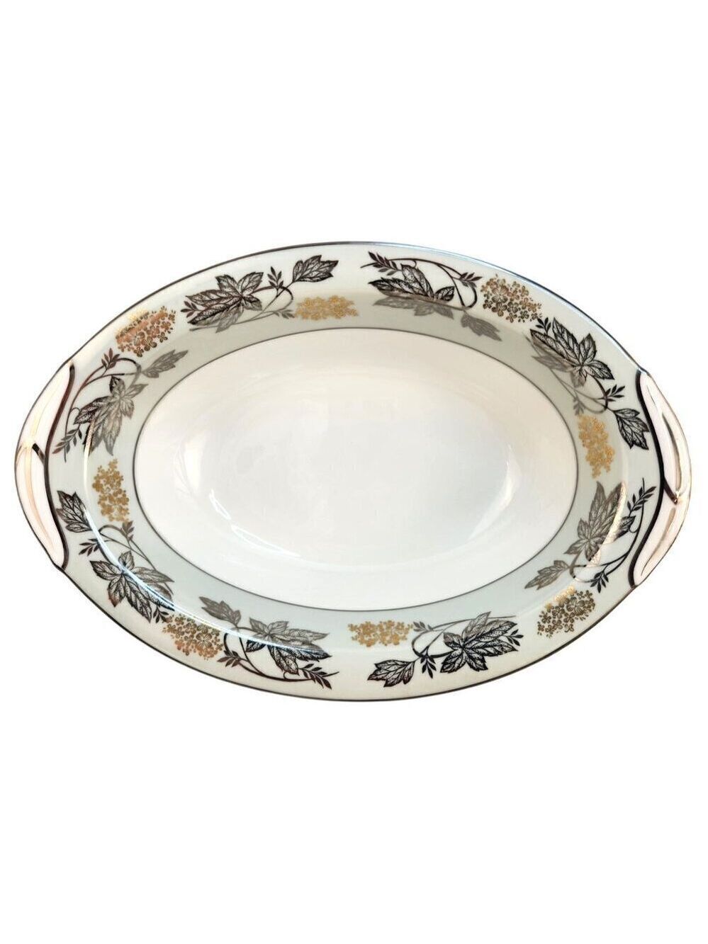Noritake China Silvine 5487 Large Serving Platter Green Gold Flowers Silver Trim